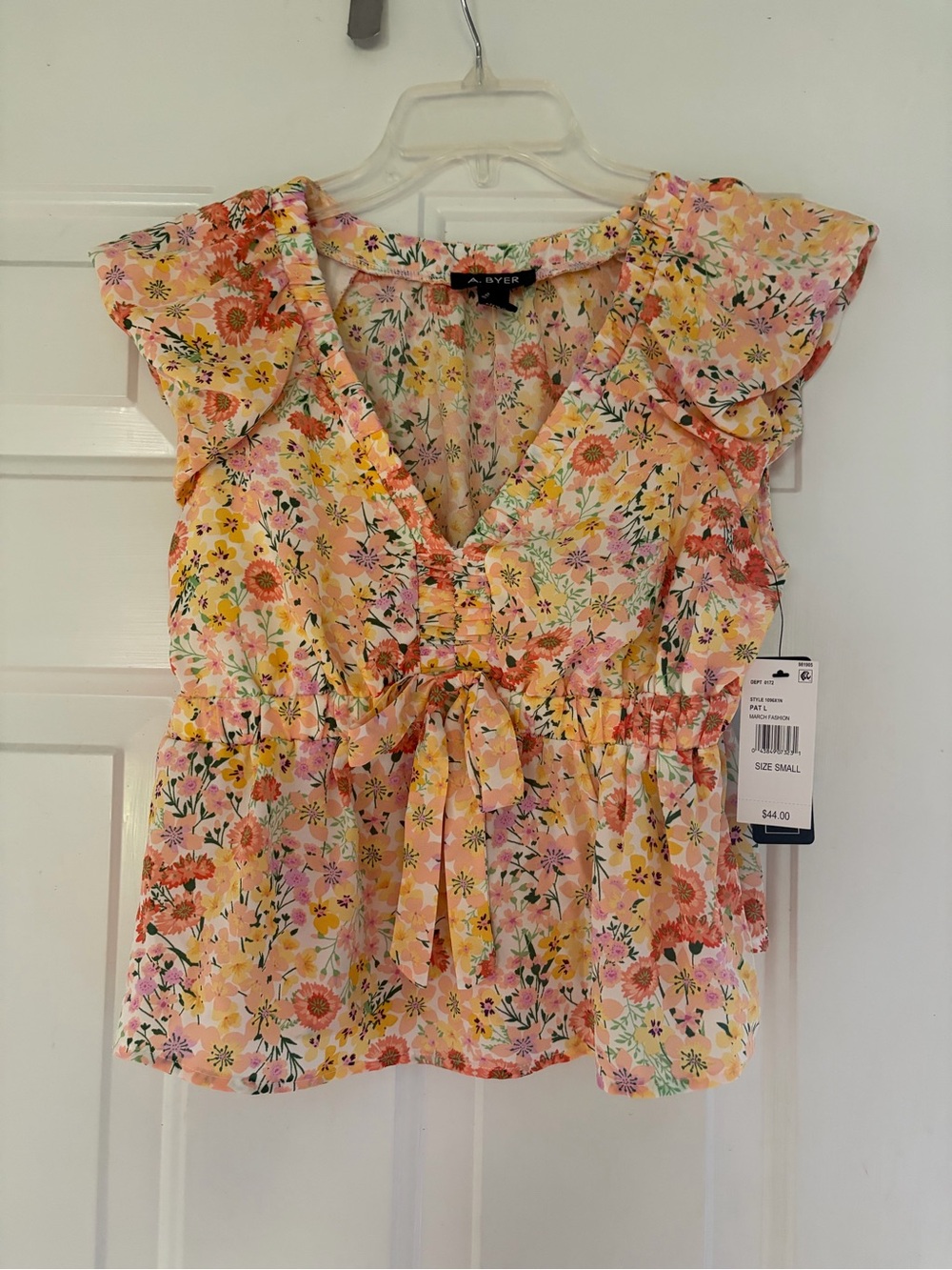 A. Byer Pink and Yellow Floral Ruffle Tie-Front Blouse